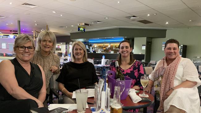 Roz Reynolds, Penny Koerstz, Leanne Ferris, Laura Muscat and Suse Walsh spent 2021 Melbourne Cup day at the Narromine United Services Memorial Club. Picture: Ryan Young