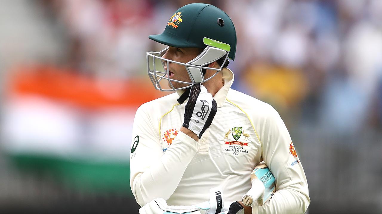 PERTH, AUSTRALIA - DECEMBER 16: Peter Handscomb of Australia looks dejected after being dismissed by Ishant Sharma of India during day three of the second match in the Test series between Australia and India at Perth Stadium on December 16, 2018 in Perth, Australia. (Photo by Ryan Pierse/Getty Images)