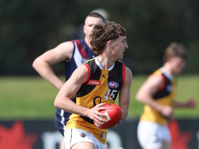 MELBOURNE, AUSTRALIA - SEPTEMBER 15: Elwood Peckett of the Stingrays in action during the 2024 Coates Talent League Boys First Preliminary Final match between the Sandringham Dragons and the Dandenong Stingrays at RSEA Park on September 15, 2024 in Melbourne, Australia. (Photo by Rob Lawson/AFL Photos)