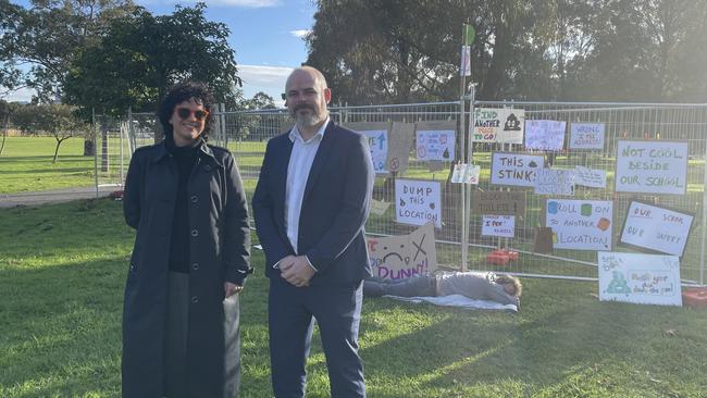 St Kilda Park Primary School Council vice president Hannah Lawson and principal Neil Scott don’t want public toilets so close to the school. Picture: Gemma Scerri