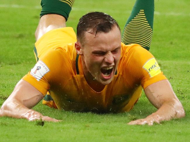 World Cup Qualifier ,  Socceroos V Saudi Arabia at King Abdullah Sports City , Jawhara Stadium ,  Jeddah, Saudi Arabia.  6th October  2016.   Australia's Brad Smith shows his dissapointment after his shot went wide.Picture : George Salpigtidis