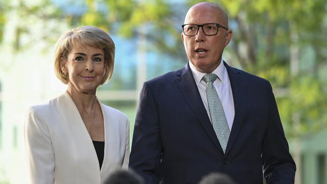 Senator Michaelia Cash and Peter Dutton on Tuesday. Picture: NCA NewsWire / Martin Ollman