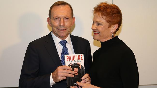 Tony Abbott launches Senator Pauline Hanson’s book, Pauline, In Her Own Words. Picture: Kym Smith