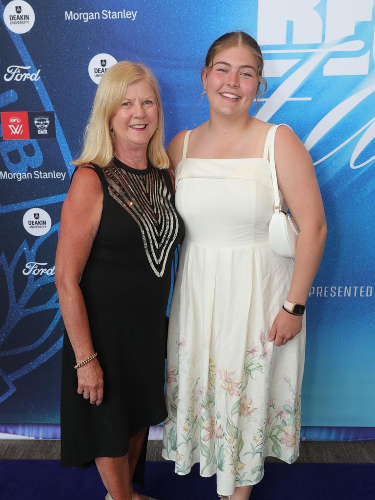 Geelong Cats’ AFLW best and fairest Blue Carpet arrivals at Kardinia Park — Roasalie Guye and Pheobe Guye Picture: Mark Wilson