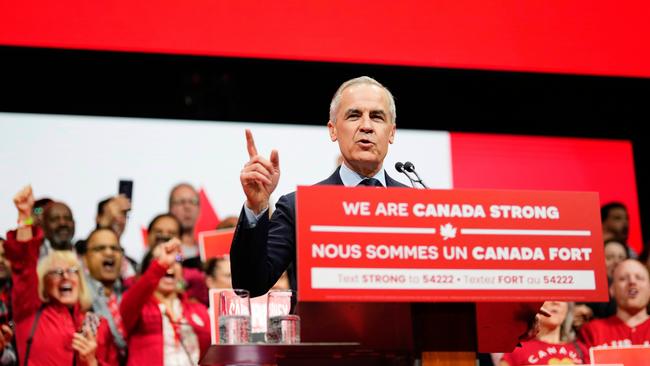 Canadian Prime Minister Mark Carney speaks on stage at his campaign headquarters after the Liberal Party won the Canadian election. Picture: Justin Tang/The Canadian Press via AP