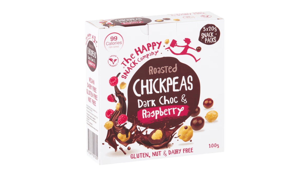 <h3><a href="https://www.woolworths.com.au/shop/productdetails/60072/the-happy-snack-company-chickpeas-dark-choc-and-raspberry" target="_blank" rel="noopener"><span>The Happy Snack Company Chickpeas Dark Choc And Raspberry 5 Pack, $6 from woolworths.com.au</span></a></h3>