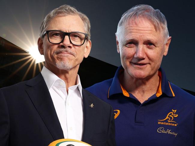 Incoming Wallabies coach Les Kiss and outgoing coach Joe Schmidt.