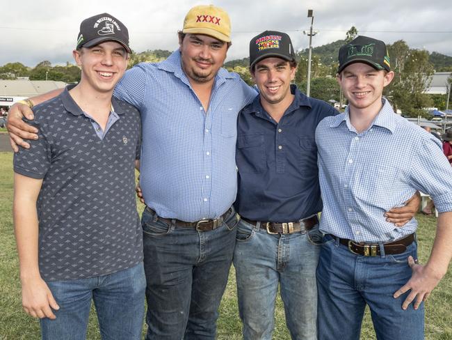 (from left) Lachlan Schultz, Liam Ross, Daniel Ross and Samuel Schultz at Meatstock, Toowoomba Showgrounds. Saturday, April 9, 2022. Picture: Nev Madsen.