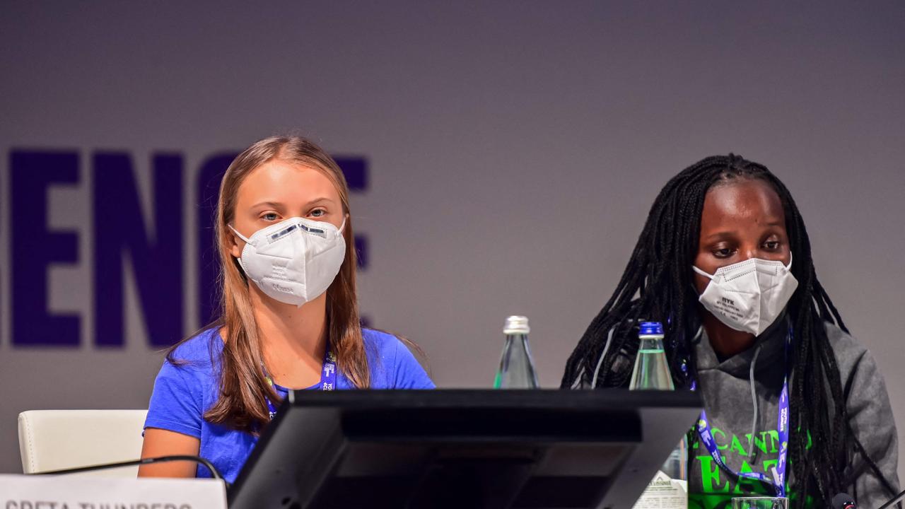 Ms Thunberg at the opening session of the Youth4Climate event with Ugandan climate activist Vanessa Nakate. Picture: Miguel Medina/AFP