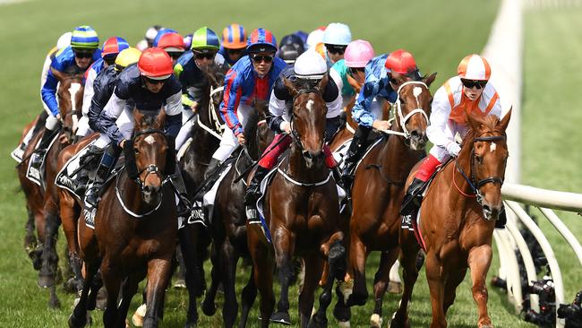 Vow And Declare leads the field out of the straight for the first time. Picture: Getty Images