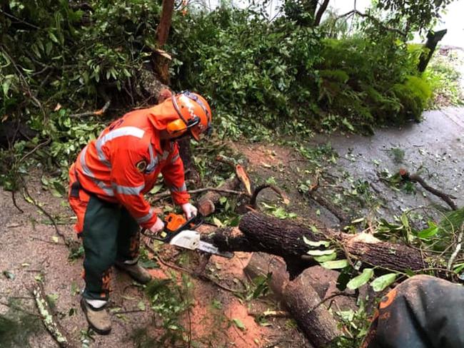 A SES volunteer works to clear a fallen tree just after Monday’s storm. Picture: SES Pittwater/Warringah