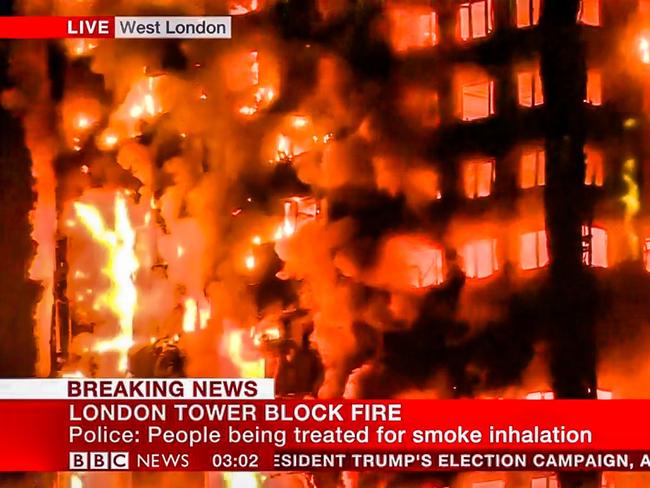 Screenshot of a BBC report of the massive, very serious fire at a London high-rise apartment block. Picture: BBC