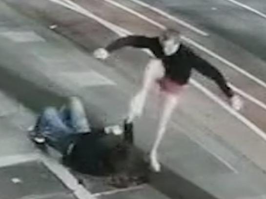 Shocking footage captures the moment father and son crime duo Jared Pihlgren, 53, and Jay Stephens, 23, launch a vicious assault on an innocent stranger on Lonsdale St, Melbourne, about 12.30am on December 17, 2021,