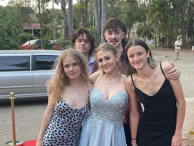 Ethan Barbara, Jasper Padgett, Relina Withers, Courtney O'Sullivan and Genevieve Kolmus at the Hervey Bay High Anti-formal on November 16, 2023.