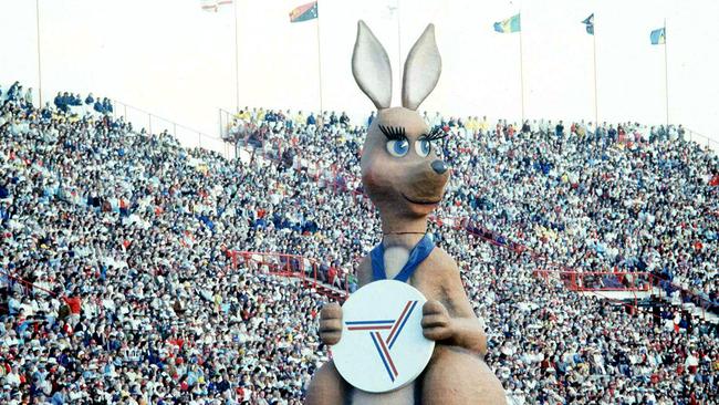 Brisbane's Commonwealth Games 30 Sept 1982 - mascot Matilda the kangaroo glides around the track - opening ceremony - sport qld QEII stadium crowds stands