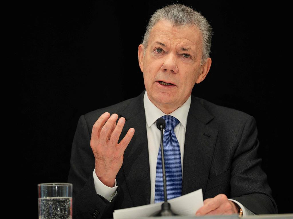 Juan Manuel Santos, former president of Colombia and Nobel Peace Laureate, speaks during the 2025 Doomsday Clock time reveal. Picture: Getty Images via AFP