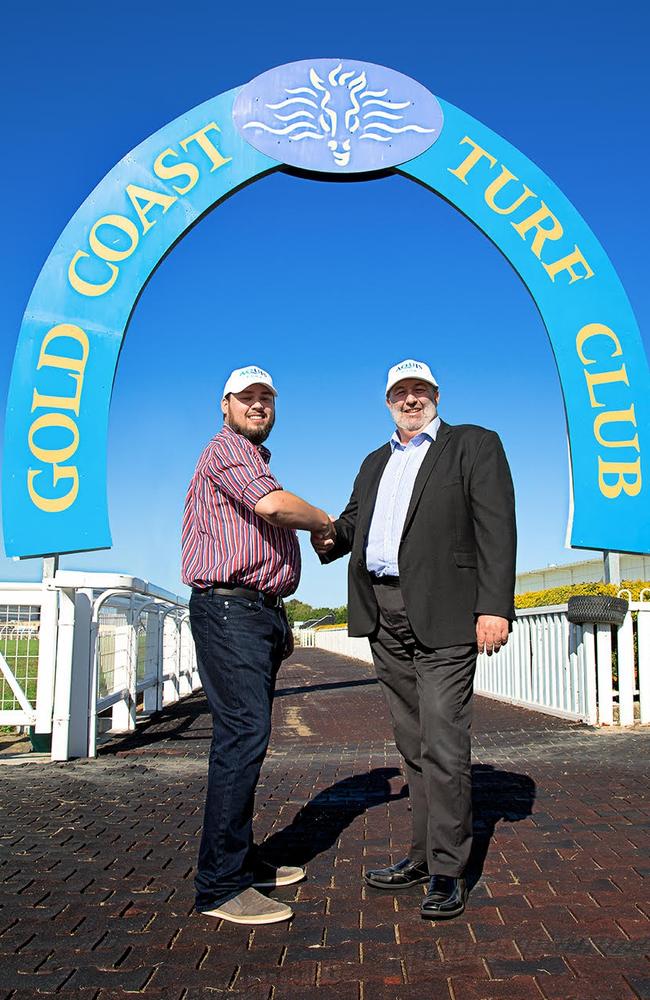 Gold Coast Turf Club CEO Steve Lines (right), with Aquis Australia CEO Justin Fung. Photo: Jade Polley.