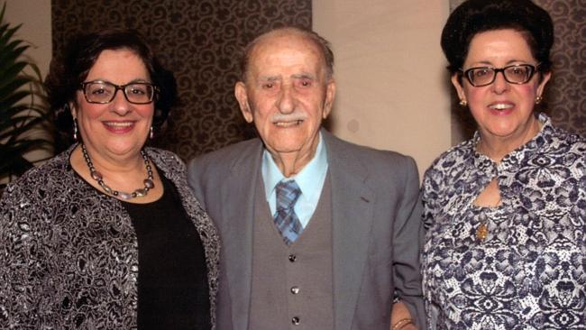 (L-R) Lorraine June Russo and Lydia Anne Miceli of West Ryde with their father Edward Miceli celebrating his 100th birthday. Mr Miceli was caretaker at Eastwood Public School for many years before his retirement.