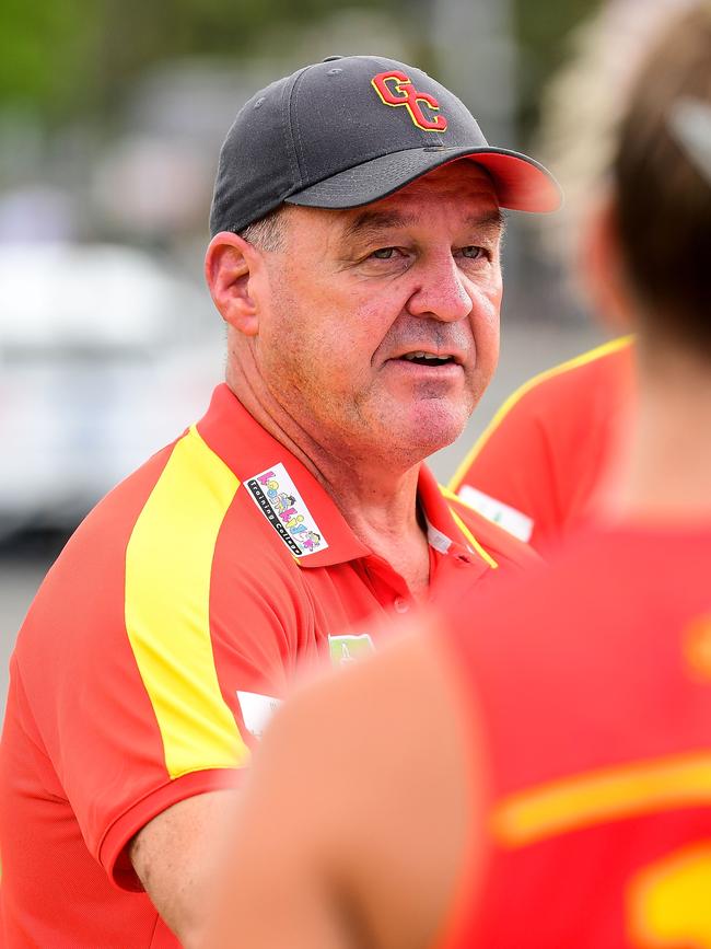 David Lake, Senior Coach of the Suns coach addresses the team at three quarter time break during the 2020 AFLW Semi Final match between the Fremantle Dockers and the Gold Coast Suns at Fremantle Oval on March 21, 2020 in Fremantle, Australia. (Photo by Daniel Carson/AFL Photos via Getty Images)