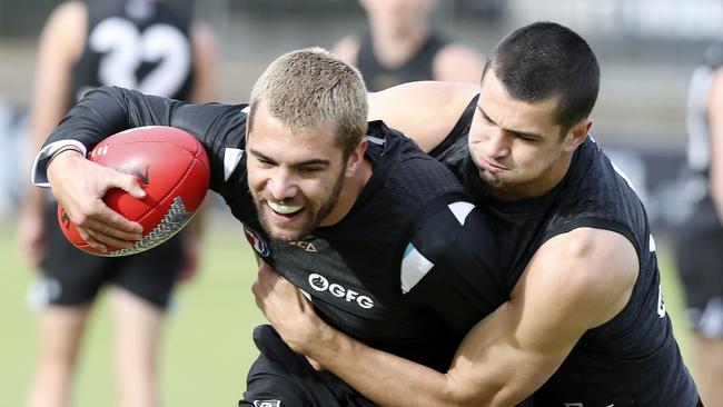 Riley Bonner and Ryan Burton at Port training. Picture: Sarah Reed.