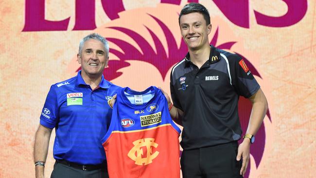 Hugh McCluggage with Brisbane Lions coach Chris Fagan. McCluggage went at Pick 3 in the 2017 national draft. (AAP Image/Dean Lewins)