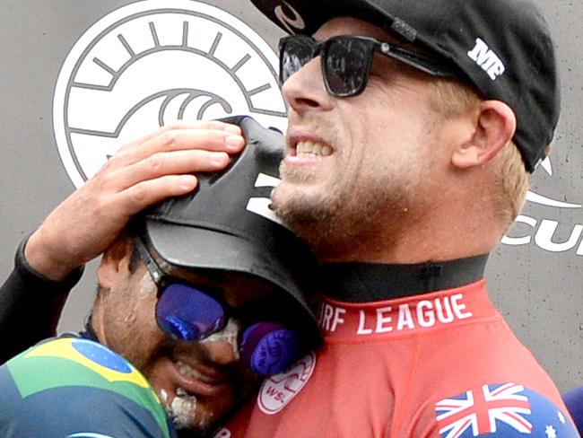 Rip Curl Pro Day 9Mick Fanning embraces Italo Ferreira (Brazil) who defeated Mick in the Mens 2018 Rip Curl Pro Final.Picture: Jason SammonThursday 5 April  2018