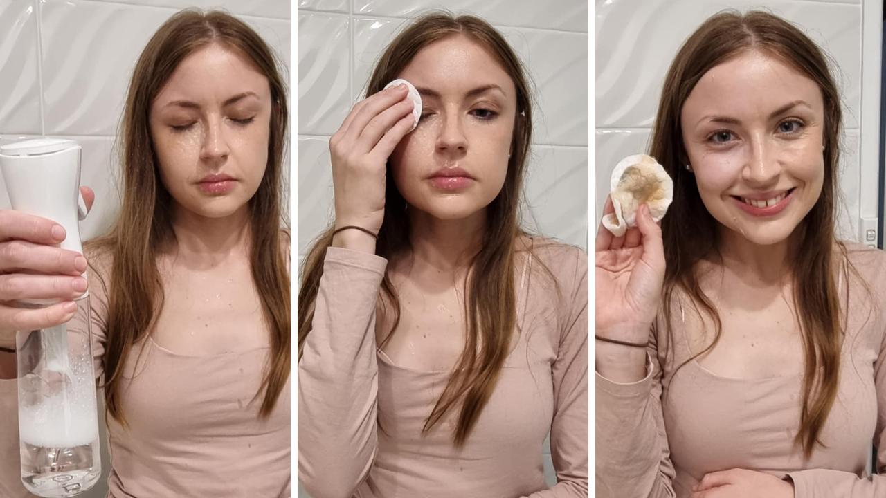 Rosalyn was impressed by how much of her makeup came off after spraying her Garnier micellar water. Picture: Rosalyn Fannin / news.com.au checkout.