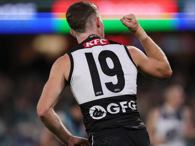 The GFG logo on the Power jumper couldn’t be blocked to face the Crows. Picture: Getty Images