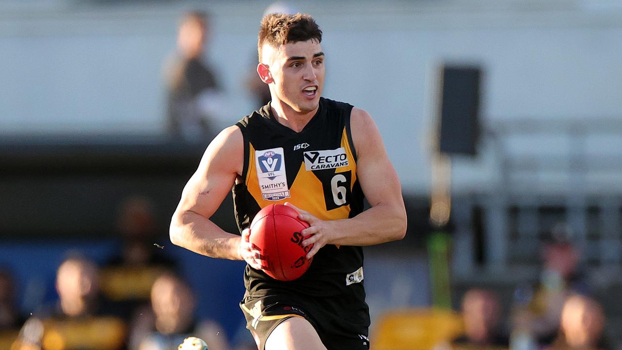 MELBOURNE, AUSTRALIA - SEPTEMBER 24: Shaun Mannagh of Werribee runs with the ball during the VFL Grand Final match between Gold Coast Suns and Werribee at Ikon Park on September 24, 2023 in Melbourne, Australia. (Photo by Kelly Defina/AFL Photos/via Getty Images)