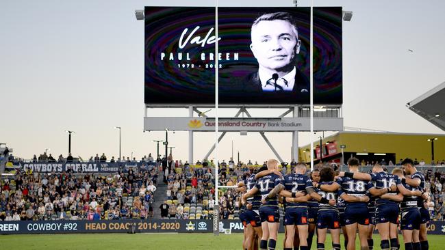 Moment of silence for Paul Green during the Cowboys v Warriors clash. Picture NRL Photos