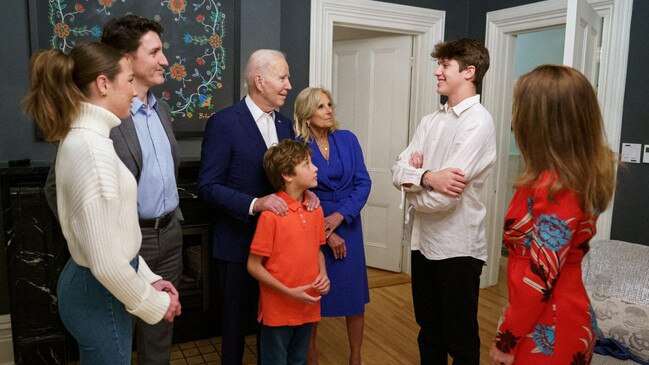 The Trudeau family hosted President Joe Biden and his wife Jill at Rideau Cottage in March. Picture: Prime Minister's Office/Reuters/The Times