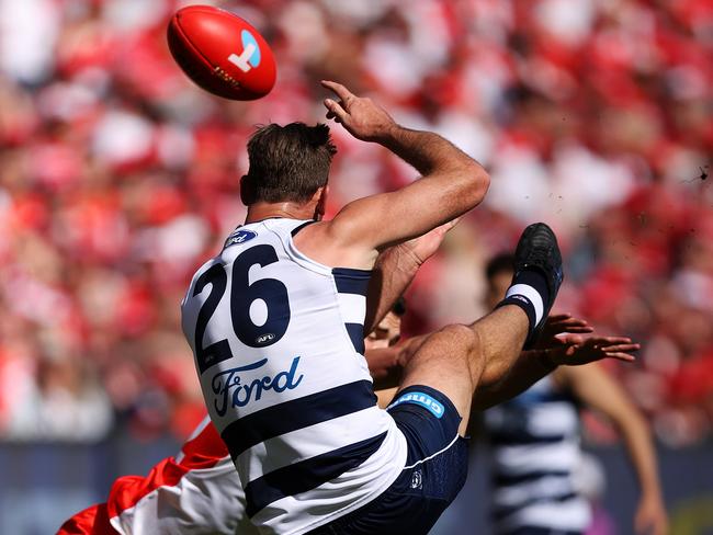 Tom Hawkins snaps Geelong’s first goal. Picture: Mark Stewart