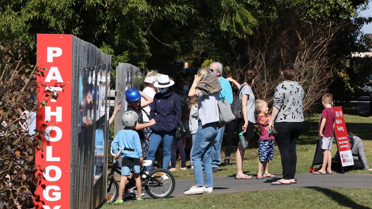 People line up for Covid Testing at Buderim om the Sunshine Coast.