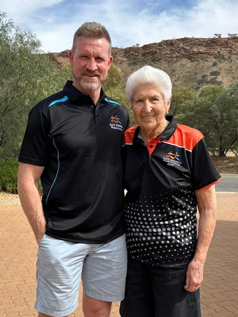 2024 Masters Games ambassador Nathan Buckley and games patron Dawn Fraser in Alice Springs. Picture: NTMEC