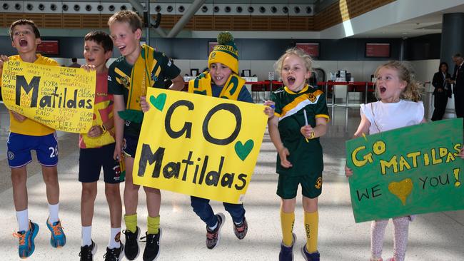 Young fans of the Matildas are seen waiting for their arrival into Sydney. Picture: Gaye Gerard.