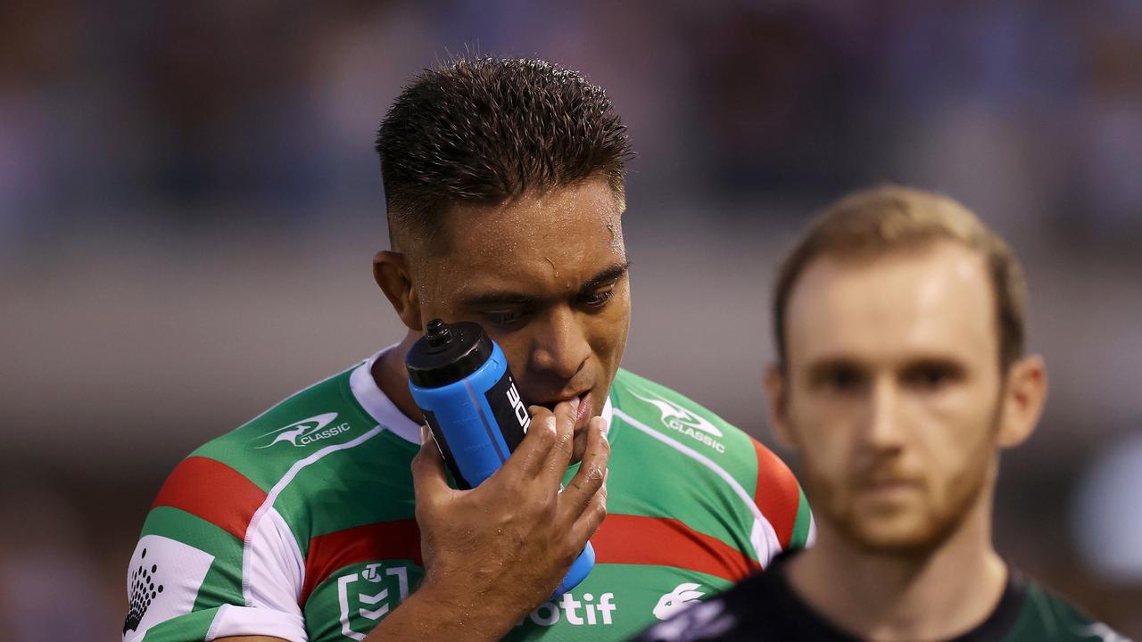 The Rabbitohs suffered several injuries, with Tevita Tatola off after 20 seconds, while his replacement Jai Arrow also suffered a hamstring injury. Picture: Getty Images.