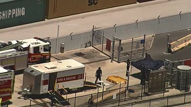 An exclusion zone has been established at the Port of Brisbane after a chemical spill. Picture: Nine News Brisbane