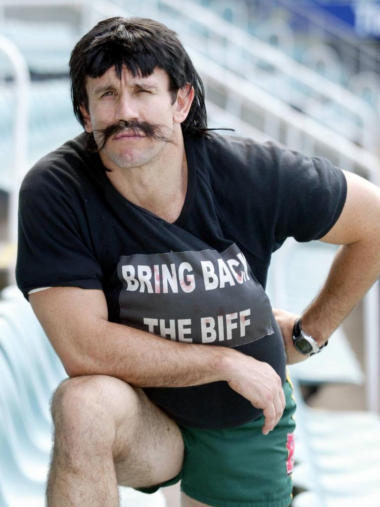 Matthew Johns as alter ego Reg Reagan, who called for the ‘biff’ to return to rugby league like the good old days.