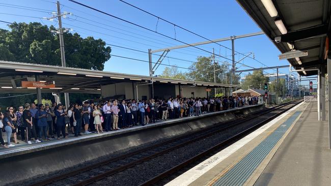 Commuters crammed together on the platform at Rhodes. Picture: Supplied