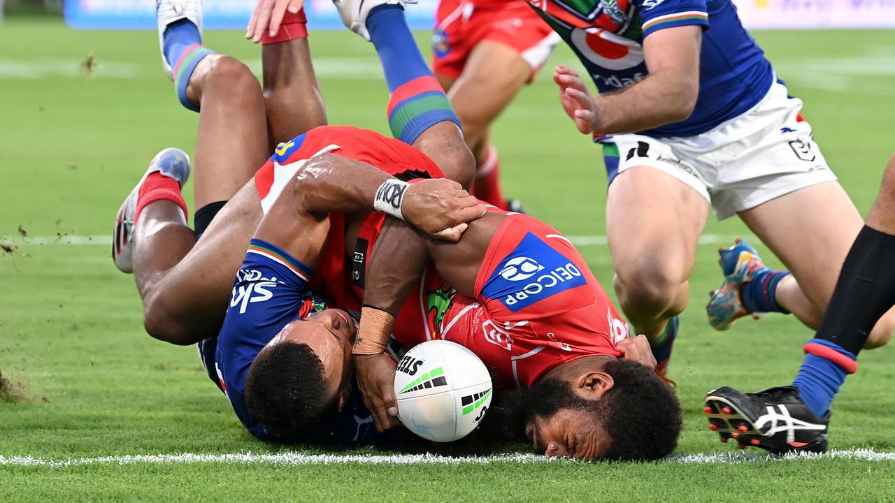 Mikaele Ravalawa scored three of the Dragons’ five tries. Picture: Bradley Kanaris/Getty Images