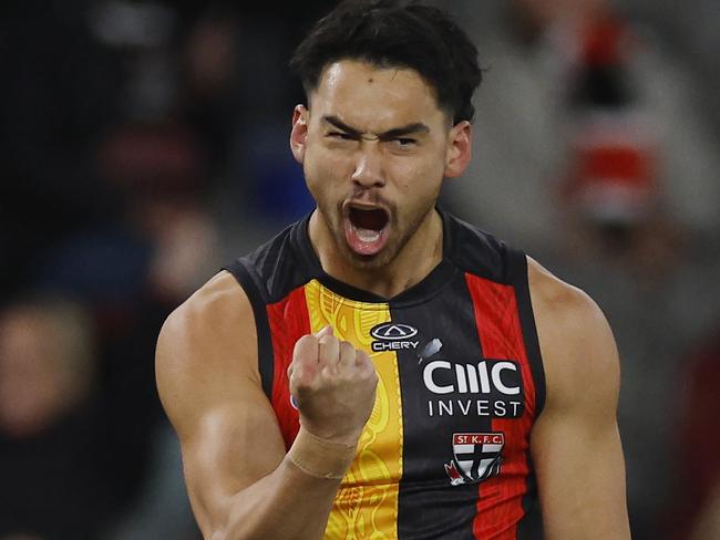 MELBOURNE , AUSTRALIA. May 18, 2024.  AFL round 10Ã  St Kilda vs Fremantle at Marvel Stadium .   Mitch Owens of the Saints celebrates a 1st quarter goal   . Pic: Michael Klein