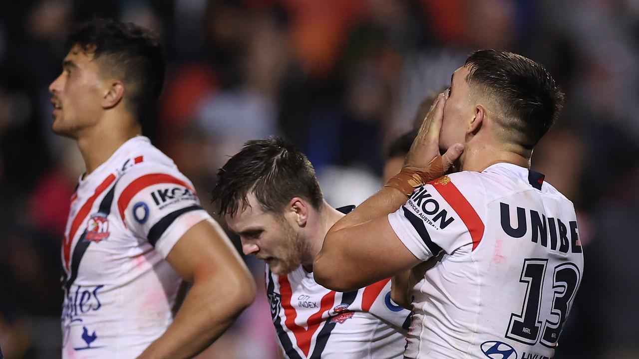 The Roosters couldn’t believe what they were living through. Photo by Mark Kolbe/Getty Images