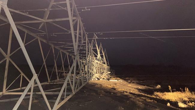Damage to transmission tower near Tailem Bend. Picture: ElectraNet