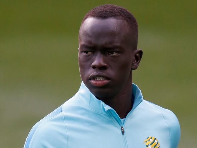 MELBOURNE, AUSTRALIA - SEPTEMBER 03:  Awer Mabil warms up before an Australian Socceroos training session at AAMI Park on September 3, 2017 in Melbourne, Australia.  (Photo by Darrian Traynor/Getty Images)