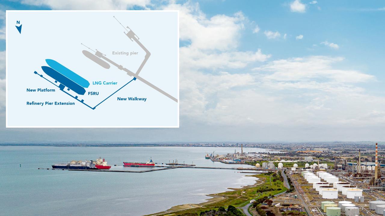 A photoshopped image of Viva Energy’s proposed floating gas terminal in Corio Bay. Source: Viva Energy.
