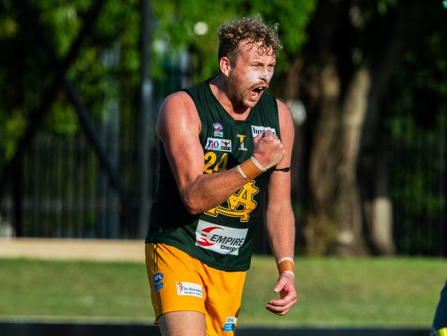 Jackson Calder celebrating a goal for St Mary's against the Tiwi Bombers in Round 6 of the 2024-25 NTFL season. Picture: Pema Tamang Pakhrin