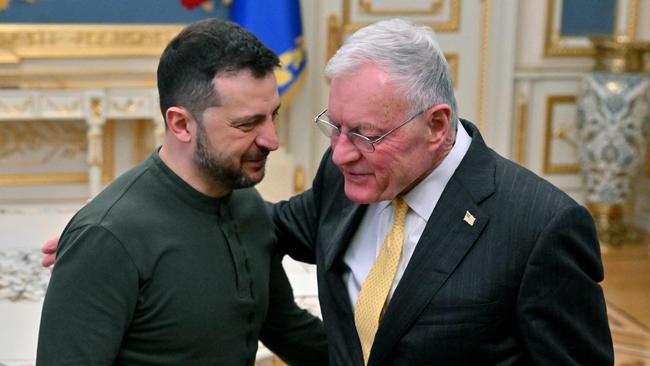 Ukraine's President Volodymyr Zelensky greets US envoy Keith Kellogg at his offices in Kyiv in February. Picture: AFP