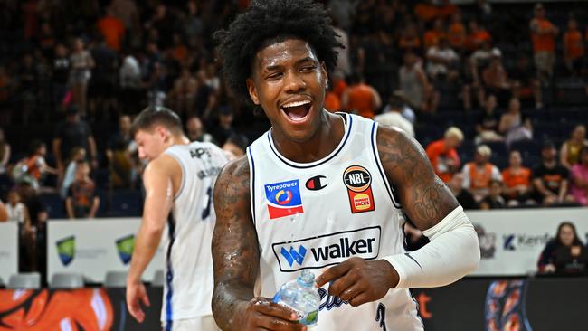 CAIRNS, AUSTRALIA - JANUARY 19: Kendric Davis of the 36ers reacts after winning the round 17 NBL match between Cairns Taipans and Adelaide 36ers at Cairns Convention Centre, on January 19, 2025, in Cairns, Australia. (Photo by Emily Barker/Getty Images)