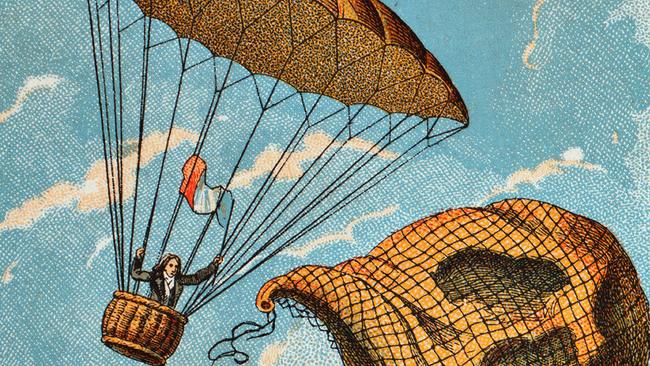 A commemorative post card created and published in the late 1800s in Paris shows  Andre Jacques Garnerin making the first test of his invention the parachute in Paris. 