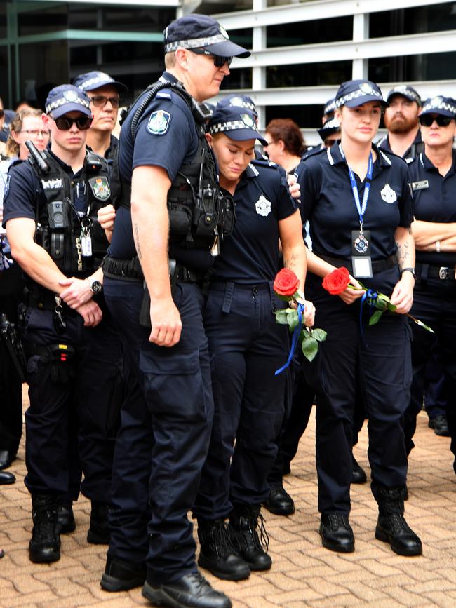 Memorial police service for Constable Matthew Arnold and Constable Rachel McCrow at Townsville Police Station. Constable Glenn Templeton and Constable Bree Lochyear, who went through Police Academy with Rachel, Constable Dakotah Camin who knew Matthew. Picture: Evan Morgan